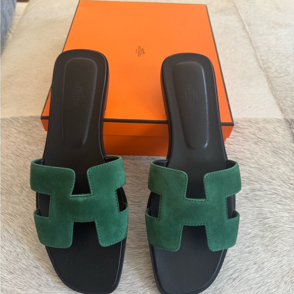 Hermes Oran Green Suede Slide Sandals BNIB size 42